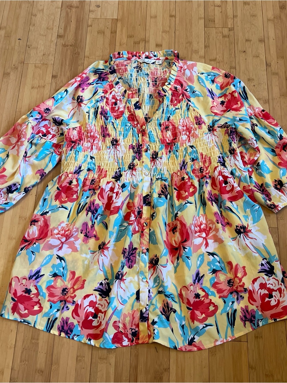Smocked Yellow Floral Button-Front Blouse